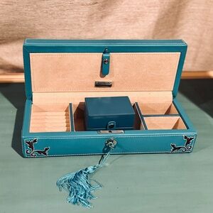 Lustre-Loc Embroidered Jewelry Box Teal Anti-Tarnish Vintage